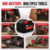 A black replacement battery for Milwaukee M18 power tools shown alongside various tools like an impact wrench, drill, circula