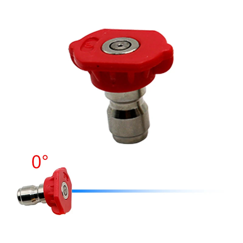 Red and silver high-pressure spray nozzle set with a quick connect fitting shown at a zero degree angle