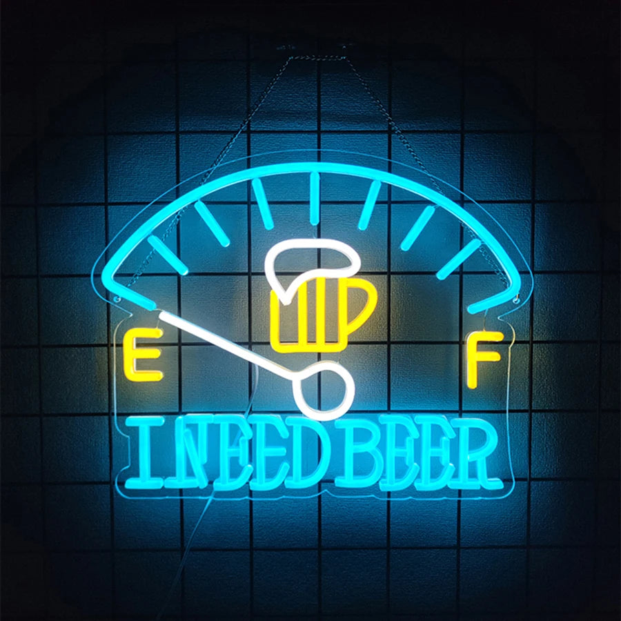 Neon sign displaying an oil pressure gauge with the text NEED BEER.