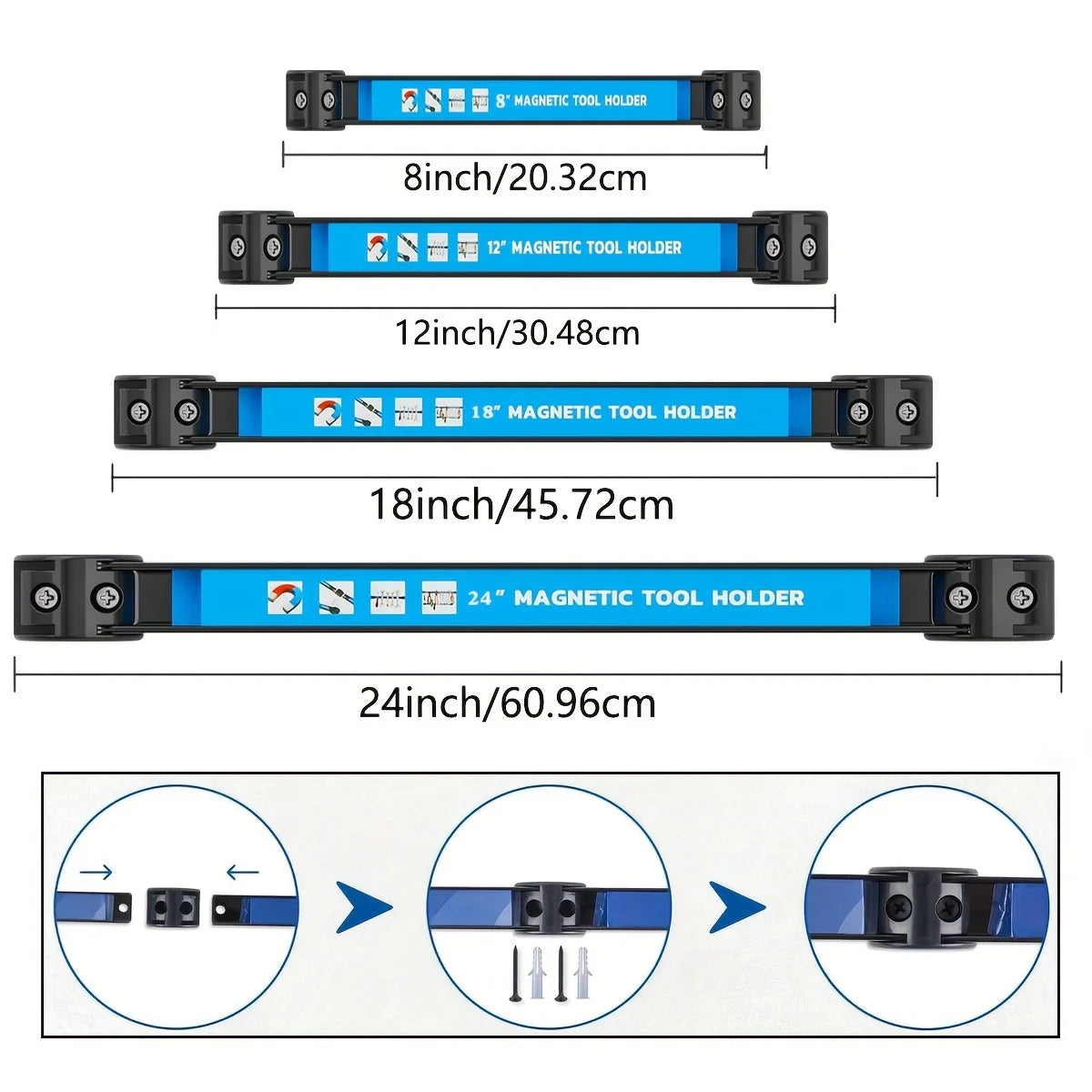 A set of magnetic tool holders in various lengths, ranging from 8 inch to 24 inch, designed for organizing tools.