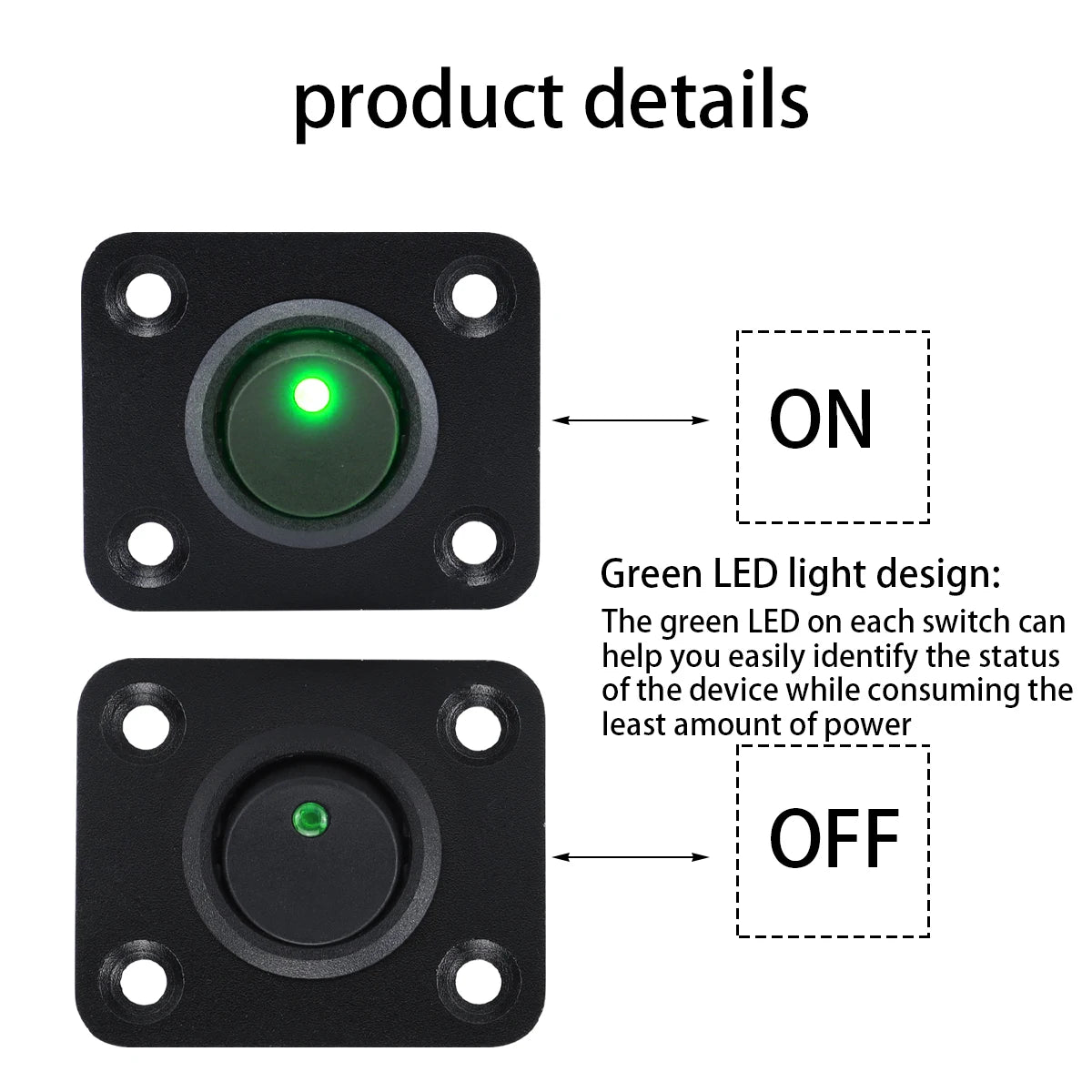 Two square black switch panels showing a green LED light for ON and an off state.