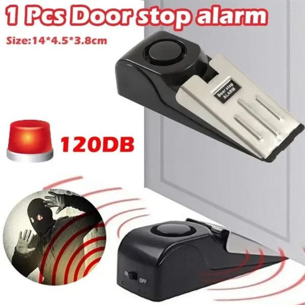 Dispositivo de alarma para puertas negro con luz roja, demostrando su función para detectar e alertar a intrusos.