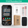 A black digital multimeter with a display showing 8.888V and various test functions is shown next to its manual and a black c