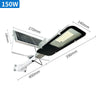 A high-power solar street light assembly showing the panel, light, and mounting structure with various dimensions.