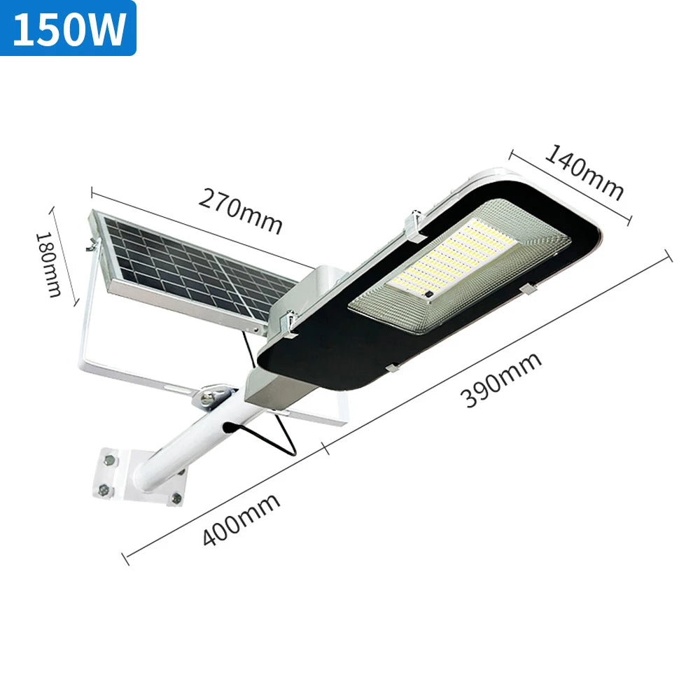 A high-power solar street light assembly showing the panel, light, and mounting structure with various dimensions.