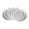 A stack of white reusable mesh strainers for bathroom drains.