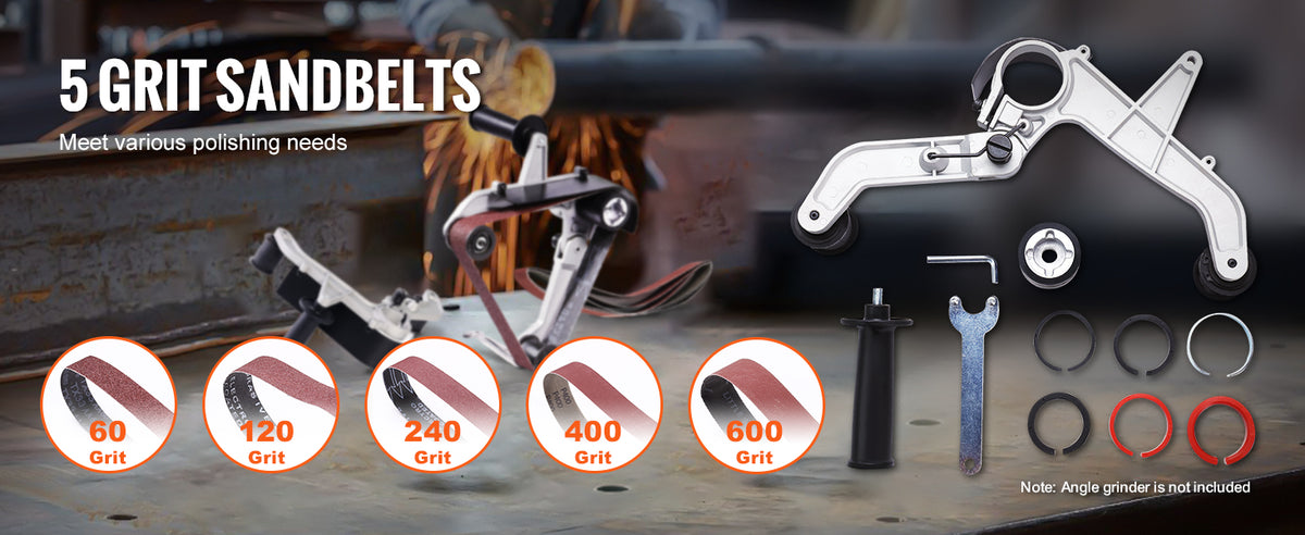 A set of five grit sandbelts (60 to 600 grit) for universal belt sander adapters used with angle grinders.