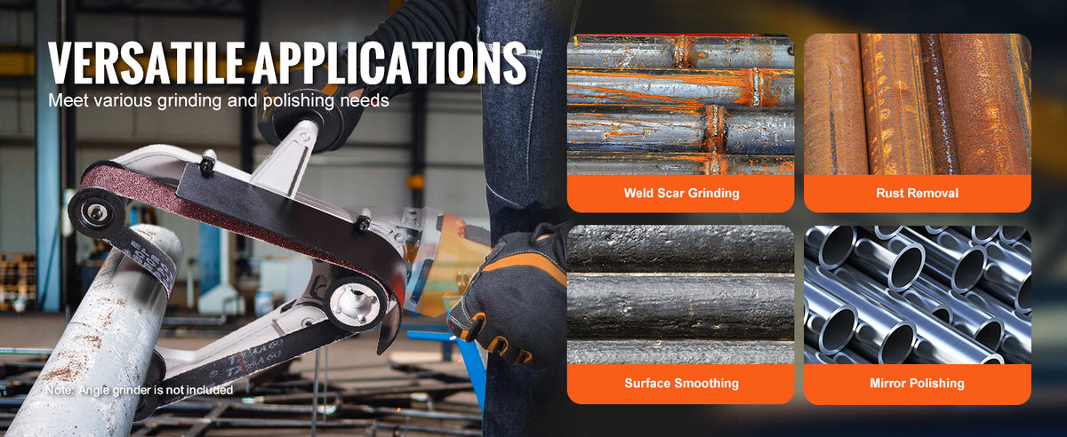 A person is using a versatile application kit for grinding and polishing metal pipes with an angle grinder.
