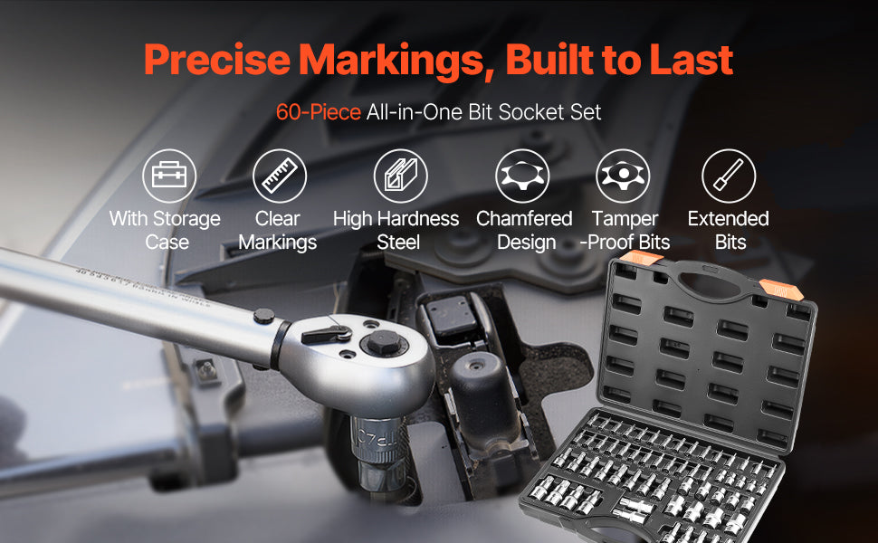 A close-up of a 60-piece all-in-one bit socket set with various bits and a storage case.