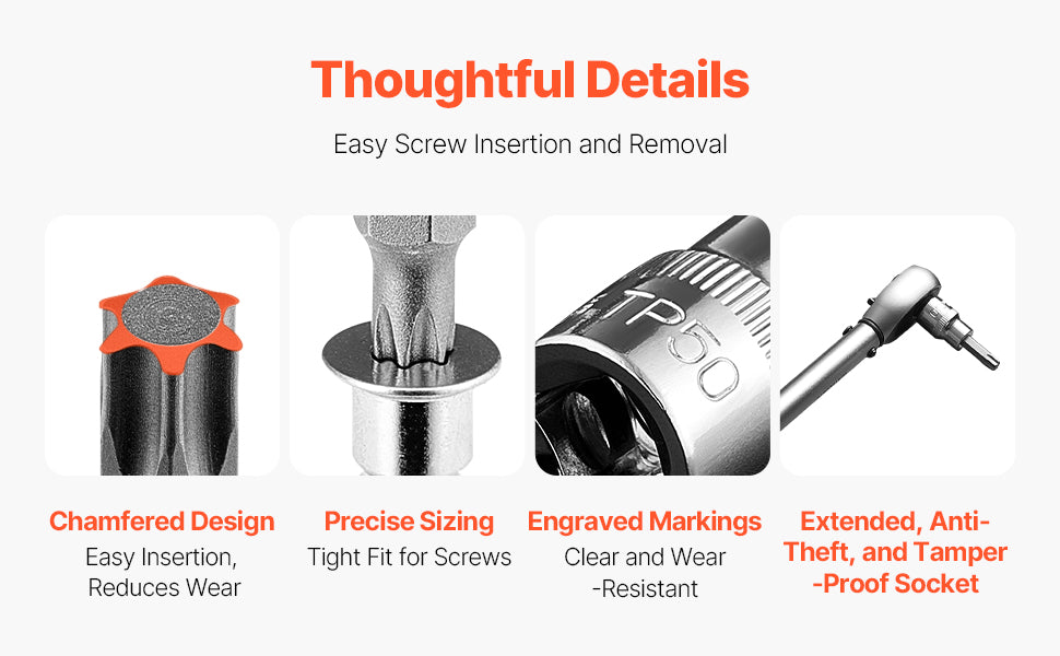 A set of professional torx bit sockets highlighting features like chamfered design, precise sizing, engraved markings, and an