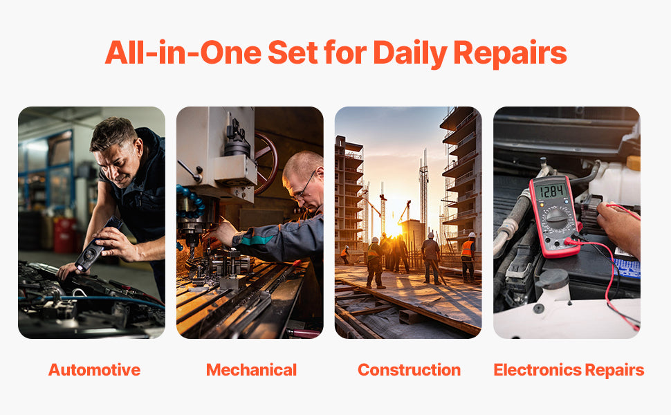 An all-in-one set for daily repairs showing automotive, mechanical, construction, and electronics repair tools.