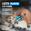 A hand holds a blue and silver plastic clip pliers used for automotive work on a piece of metal.