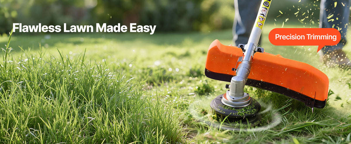 An orange heavy-duty gas hedge trimmer is shown in action, performing precision trimming on green lawn grass.
