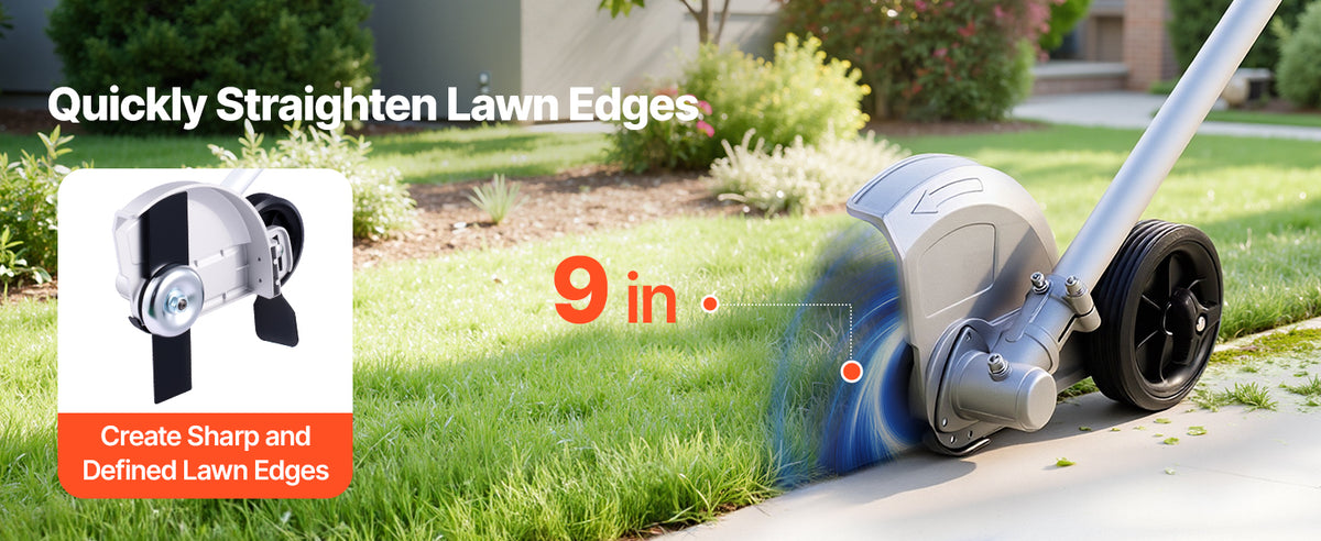 A gas hedge trimmer is shown cutting grass near a sidewalk, demonstrating its ability to straighten lawn edges.