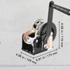 A black heavy duty hand winch with a steel cable and two-way ratchet mechanism shown in detail.