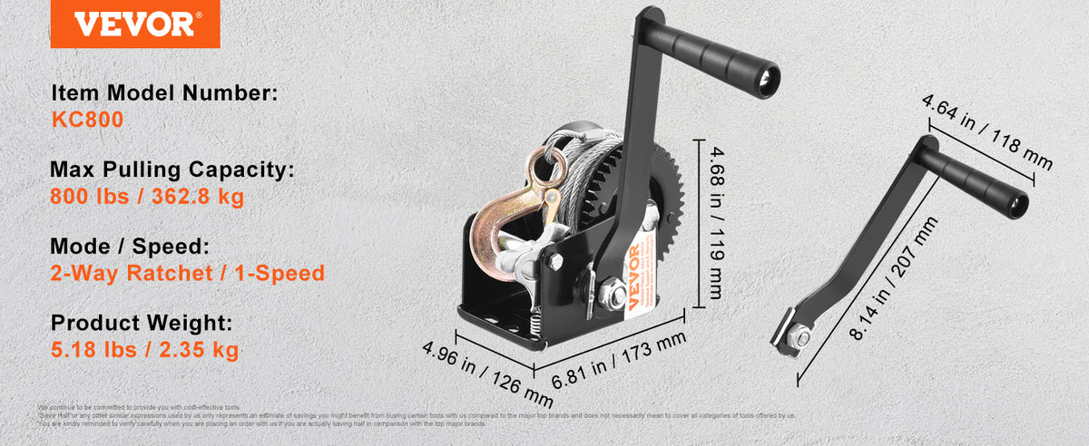 A black heavy duty hand winch with a steel cable and two-way ratchet mechanism shown in detail.