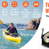 A yellow kayak is being pulled across the water by a two-way manual winch with a steel cable.