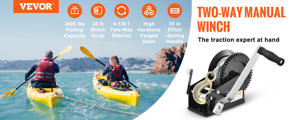 A yellow kayak is being pulled across the water by a two-way manual winch with a steel cable.