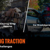 A heavy duty winch is shown in three scenarios: vehicles stuck in mud, clearing scrap vehicles, and a car breakdown, alongsid