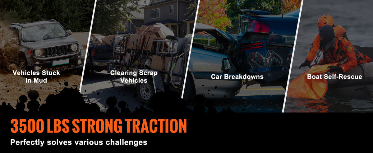 A heavy duty winch is shown in three scenarios: vehicles stuck in mud, clearing scrap vehicles, and a car breakdown, alongsid
