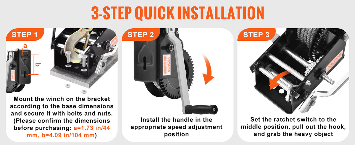 Three steps for installing a heavy duty hand winch with steel cable and two-way ratchet.