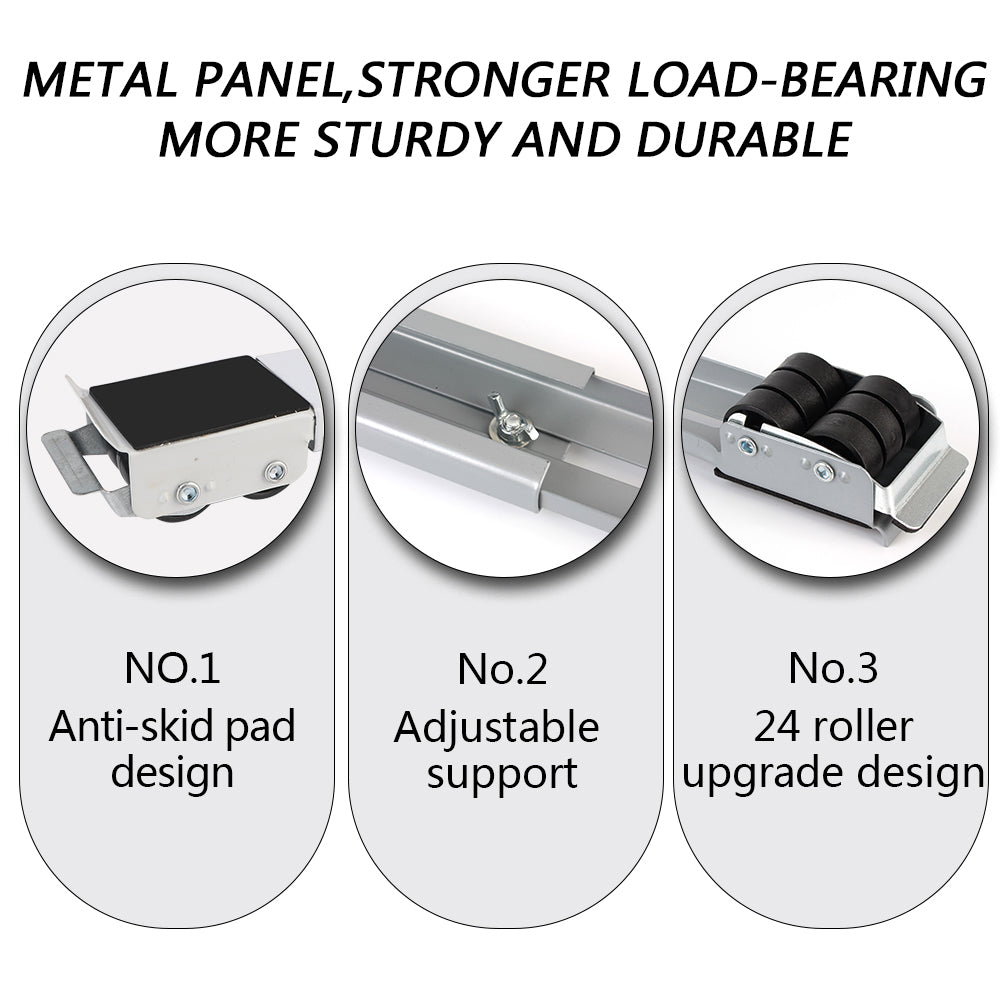 Three designs of a metal panel appliance stand showing anti-skid, adjustable support, and roller upgrade features.