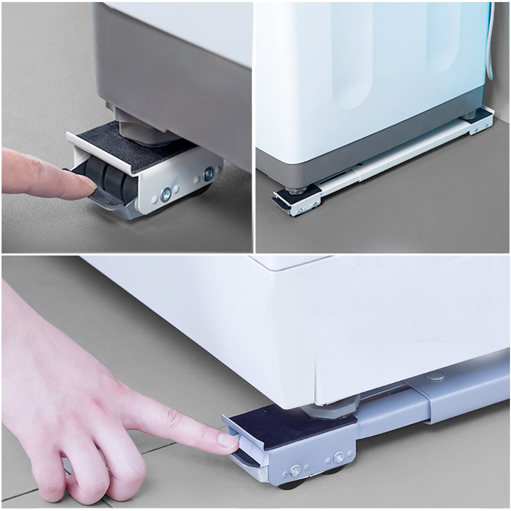 A hand is shown inserting or removing a gray appliance stand from a white cabinet, demonstrating the product's function.