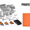 A professional-grade 450-piece mechanic tool set featuring various metric and SAE drive sockets, wrenches, and bits.
