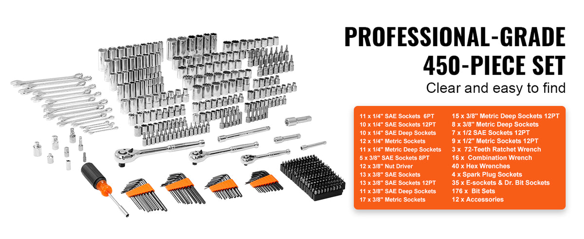 A professional-grade 450-piece mechanic tool set featuring various metric and SAE drive sockets, wrenches, and bits.