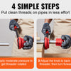 Four steps showing how to use a multi-sized ratcheting pipe threader kit to put clean threads on pipes.