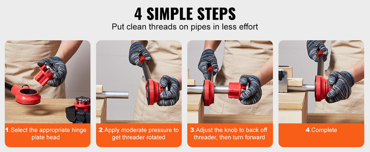 Four steps showing how to use a multi-sized ratcheting pipe threader kit to put clean threads on pipes.