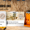 An orange precision pocket hole jig kit with a drill bit and various wood samples is shown for accurate angled holes.