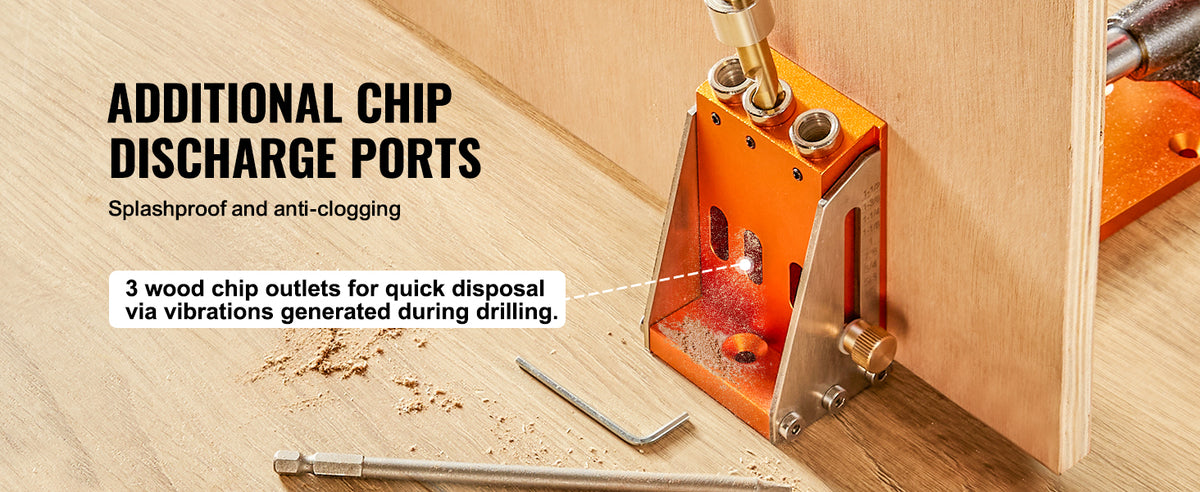 An orange chip discharge port assembly is shown next to wood, illustrating additional chip discharge ports for woodworking.