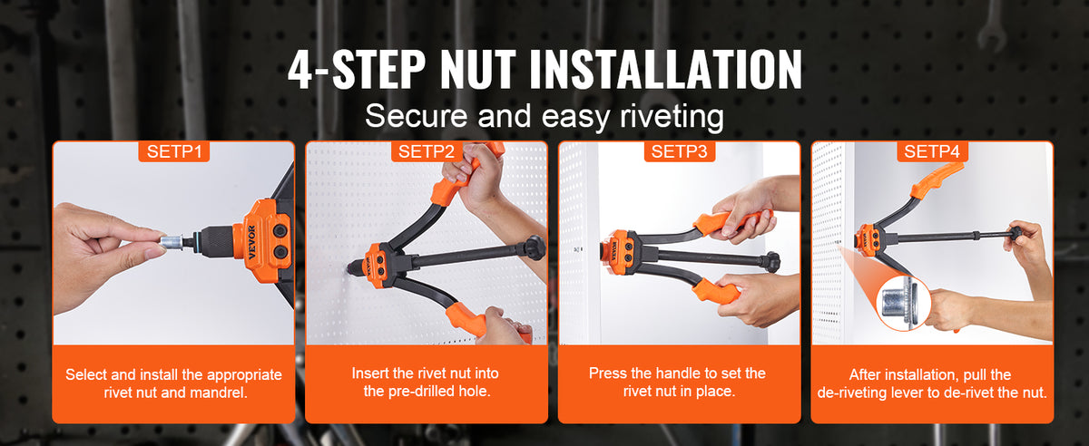 Four steps showing how to install a rivet nut using a professional tool kit
