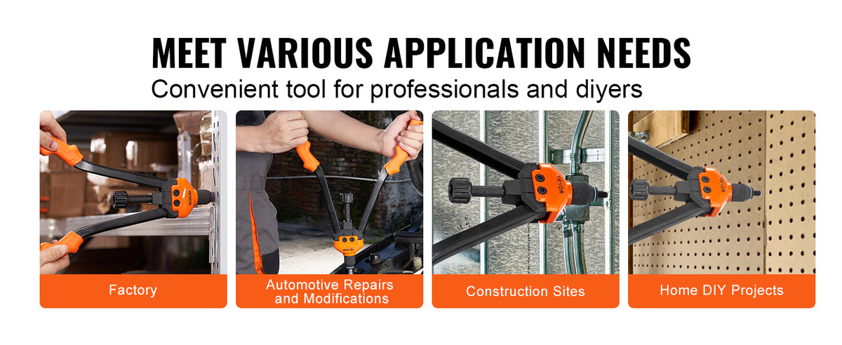 An orange heavy-duty rivet nut tool kit is shown being used in various contexts including factory, automotive repairs, constr