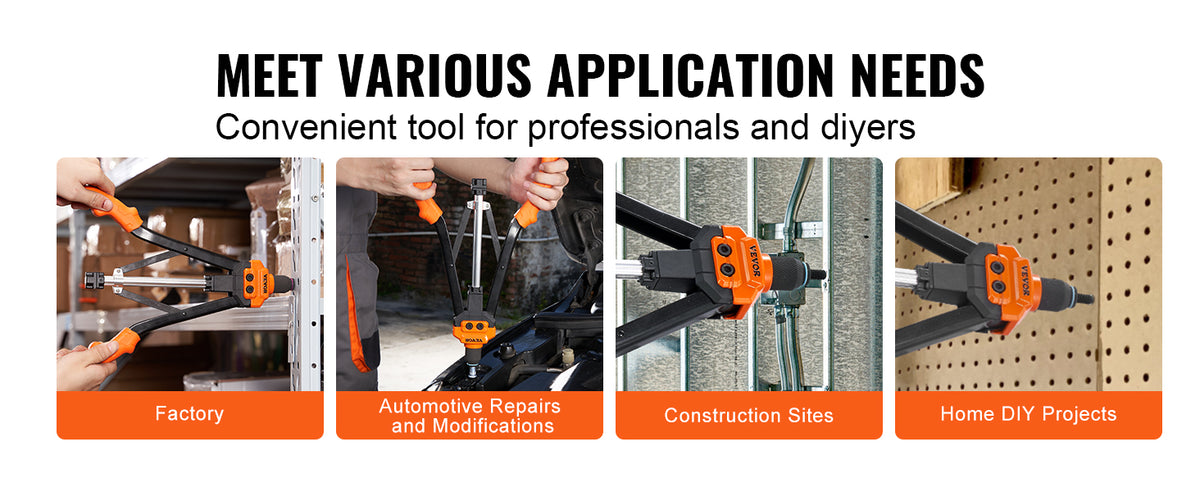 Orange professional rivet nut tool kit used in factory, automotive repairs, construction, and DIY projects.