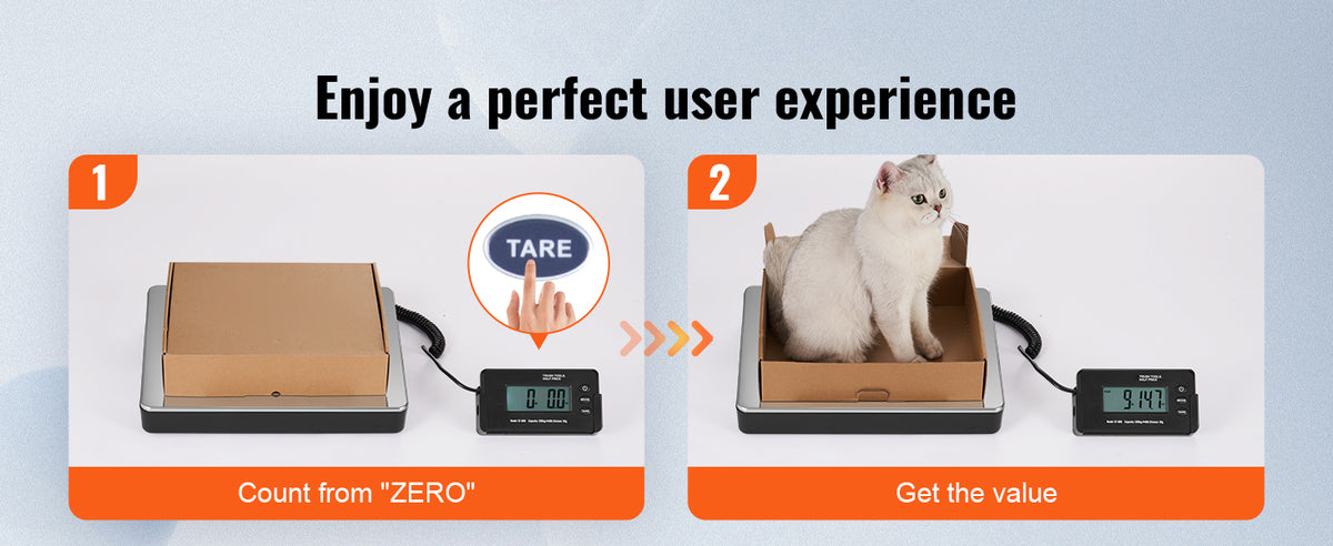 A digital shipping scale is shown counting from zero and then getting the value for a package.