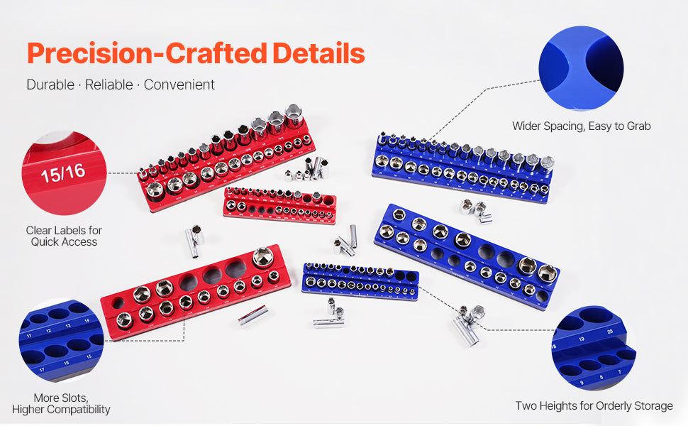 A set of precision-crafted magnetic socket organizers in red and blue plastic for tool storage.