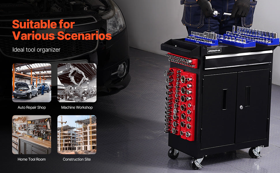 A black rolling tool organizer cabinet with magnetic sockets, shown next to a car and various construction scenes.