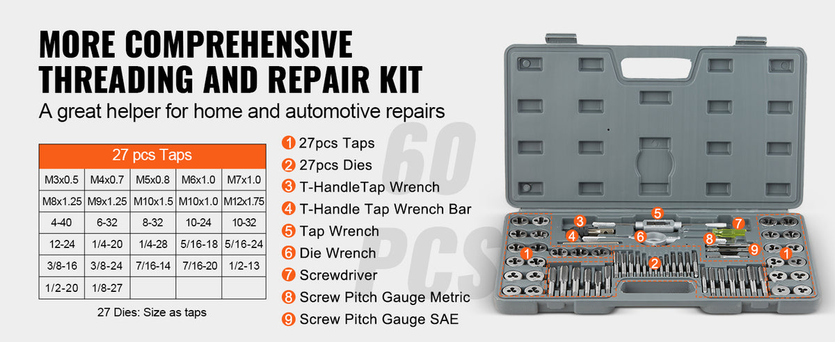 A gray threading and repair kit containing taps, dies, wrenches, and gauges for automotive repairs.