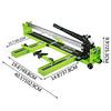 A bright lime green manual tile cutter with a black handle and measuring guides.