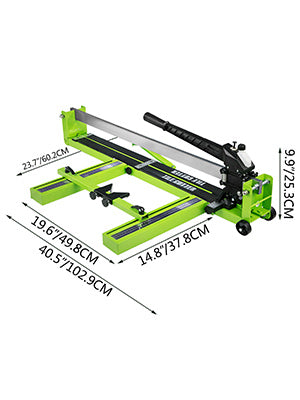 A bright lime green manual tile cutter with a black handle and measuring guides.