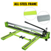 An all-steel frame manual tile cutter in lime green and silver, showing the cutting mechanism.