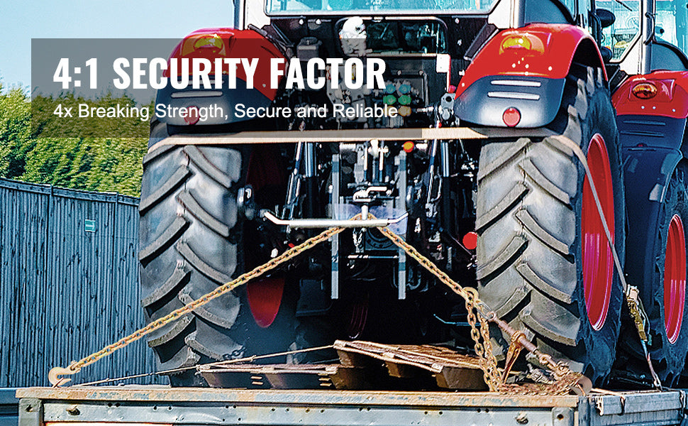 A close-up of a heavy duty transport binder chain set mounted on a vehicle, demonstrating a 4:1 security factor.