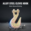 A close-up view of an alloy steel clevis hook with a forged finish resting on a cracked surface.