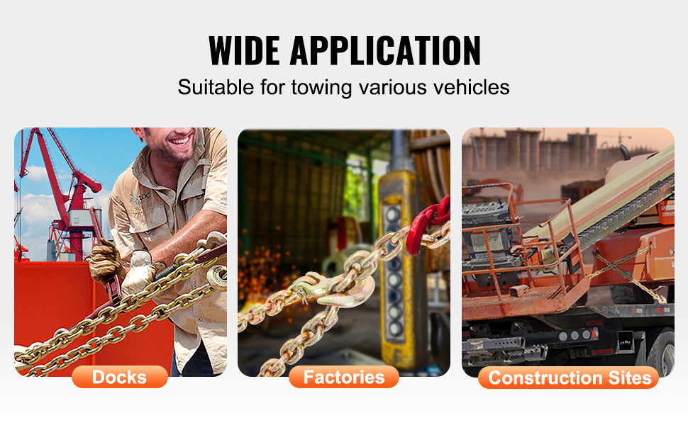 Heavy duty transport binder chain set used for towing various vehicles at docks, factories, and construction sites.