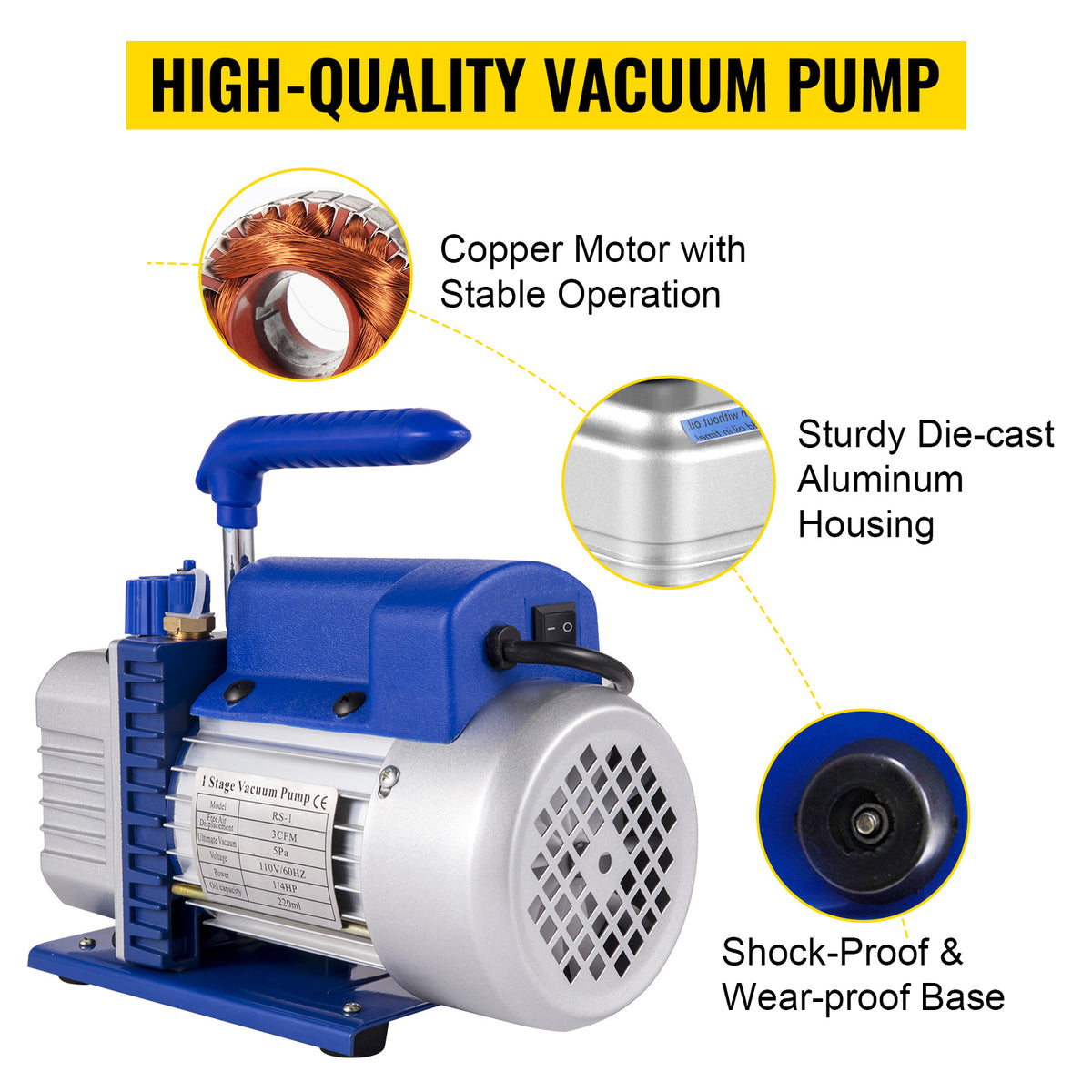 A blue vacuum pump with a silver motor and housing, featuring a copper motor, die-cast aluminum housing, and shock-proof base